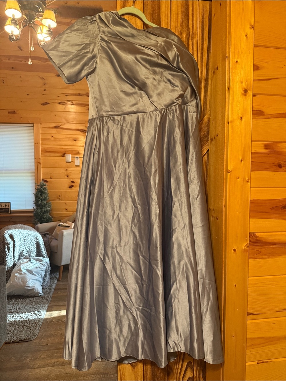 Silver Satin Short-Sleeve A-Line Prom Dress